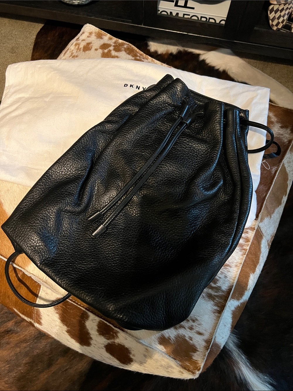 DKNY Black Pebbled Leather Drawstring Backpack Bag